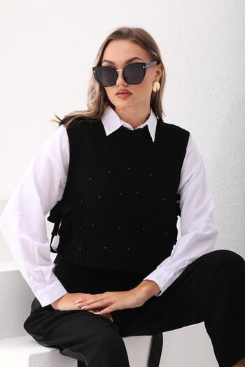 ŞİMAL Knitwear Women's Sweater - Side Detail and Pearl Accessory245030