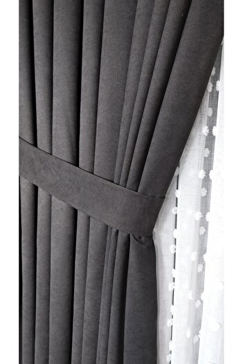 Yuka Anthracite Velvet Textured Double Wing Curtain - 1/3 Dense Pleated Solid Color Background