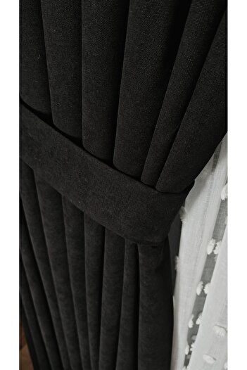 Yuka Diamond Double Wing Black Velvet Textured Closely Pleated Plain Island Background Curtain Sade90 X 250
