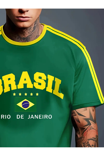 PENTHİLUS Brazil Flag Printed Unisex Organic Cotton Short Sleeve Round Neck T-Shirt