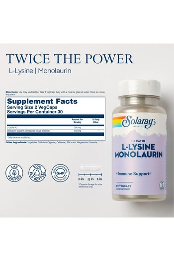 Solaray L-Lysine Monolaurin Immune Support, 500 mg, 60 VegCaps, 30 Servings