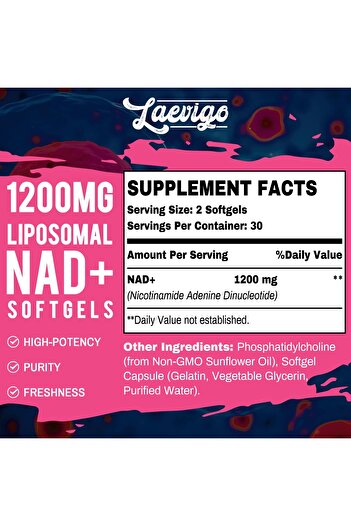 Laevigo 1200mg Liposomal NAD+, Ultra Purity, Enhanced Absorption, Boosts Energy, 60 Softgels