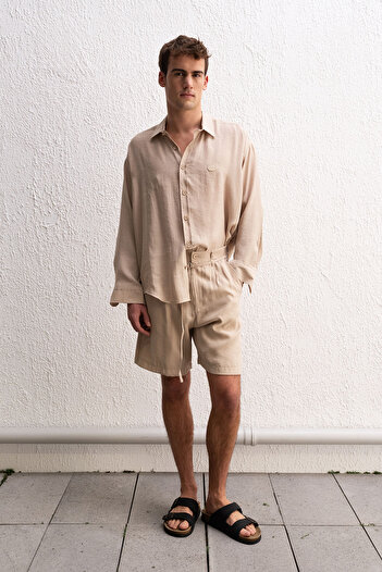 GIESTO Draped Long Sleeve Beige Shirt