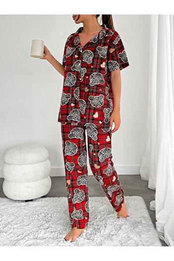 VG BOND MODA Print Buttoned Short Sleeve Single Jersey Women's Pajama Set - Vg138