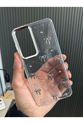 m.tk moveteck Samsung Galaxy S24 Fe Compatible Bow Pattern Transparent Case Glitter Shockproof Bow Tie Cover
