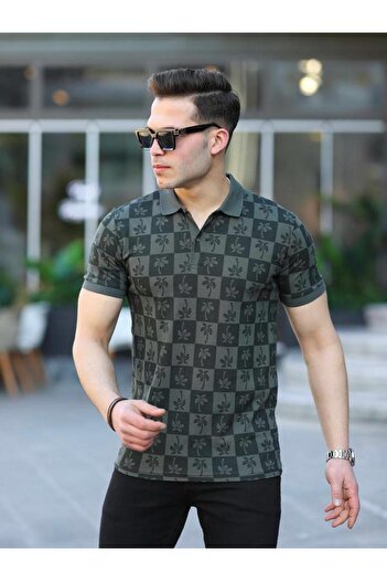 Pobudo Khaki Color Palm Patterned Men's Polo Collar T-Shirt