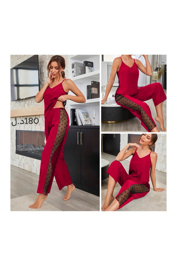 RoseOfNuit Transparent Detailed Polka Dot Cotton Nightgown Set