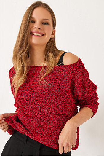 Bianco Lucci Women's Boat Neck Mesh Detail Openwork Knitwear Blouse 20251017