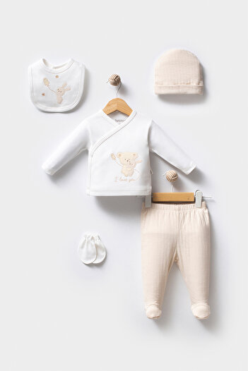 Bebitof Hugging Teddy Bear Patterned 5 Piece Newborn Hospital Outfit Set