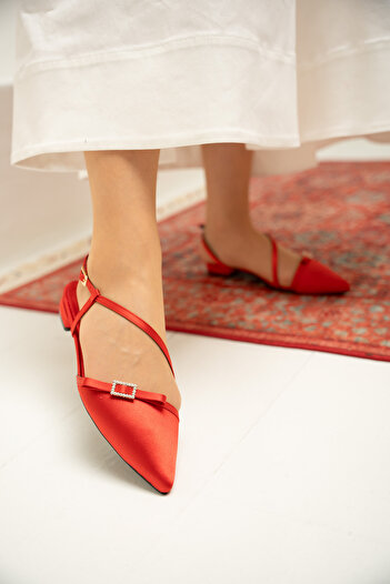 LAMİNTA Flipy Red Satin Stone Bow Women's Ballerinas