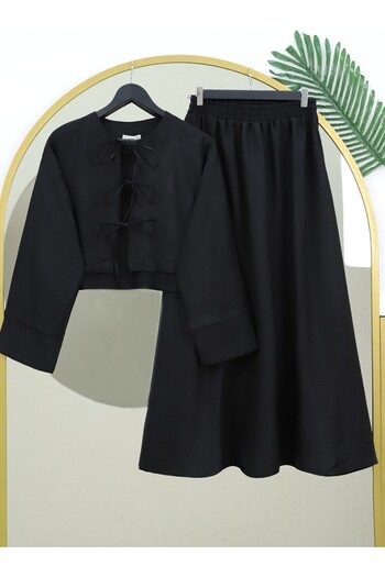 Modamorfo Linen Suit with Lace-Up Front and Elastic Waist Skirt - Black