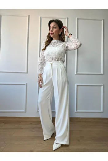 Size Özgü Ecru Gold Buttoned Palazzo Trousers