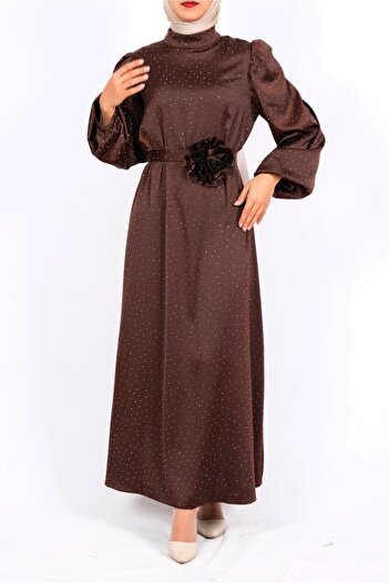 Modamorfo Balloon Sleeve Belted Stone Satin Dress - Brown