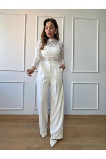Size Özgü Ecru Gold Buttoned Palazzo Trousers