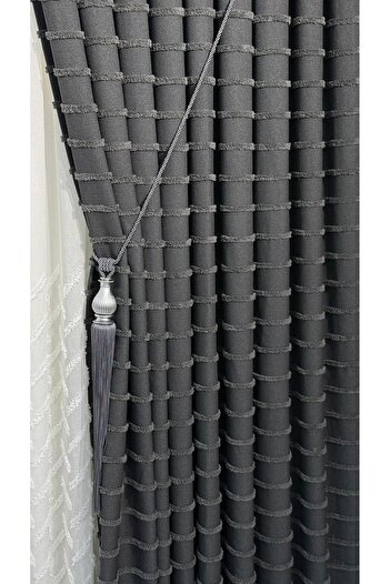 Fon Dünyası Panel Background Curtain Elegant Tasseled Anthracite (Single Wing)