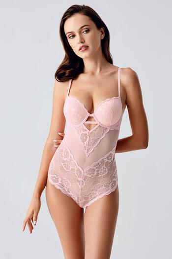C&City Unfilled Lace Detailed Bodysuit C15096 Powder
