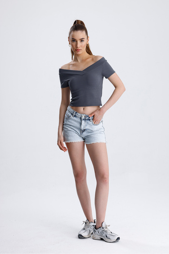 FV Women's Short Sleeve Crop Top Ribbed Front and Back on the Surface