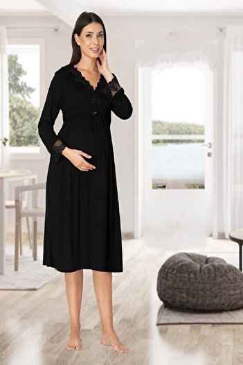 Effort Pijama Zerre Bebe Women's Black Long Sleeve Pajamas Set Nightgown Dressing Gown Maternity Pregnant 4 Pieces Set
