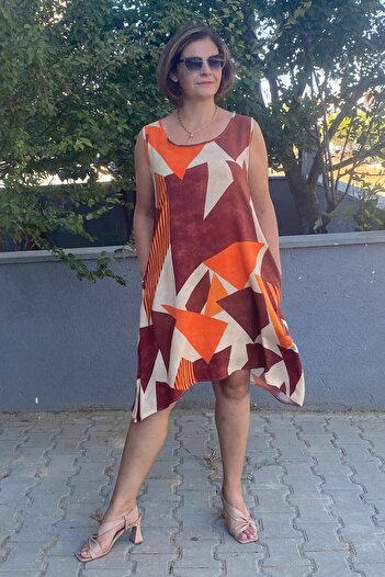 Mia Butik Plus Size Straps Coffee-Orange-Cream Geometric Print Dress