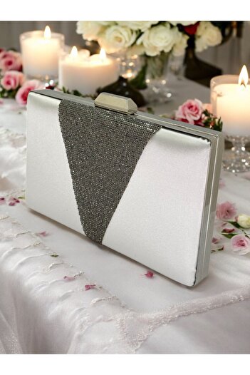 Wedding Fashion Mother of Pearl Ecru Satin Platinum Stone Evening Dress Bag Evening Bag Engagement Wedding Bag