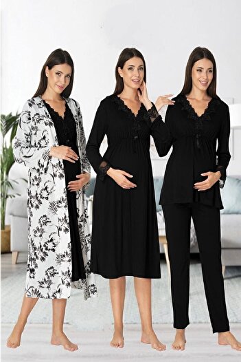 Effort Pijama Zerre Bebe Women's Black Long Sleeve Pajamas Set Nightgown Dressing Gown Maternity Pregnant 4 Pieces Set