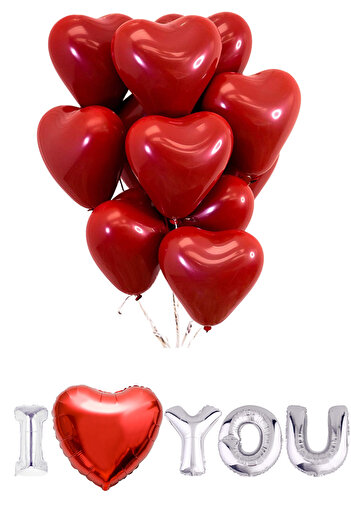 Baloncu Dede Red Heart Latex Balloon 25 Pieces I Love You Text Helium Compatible Balloon Lover and Special Day Balloon