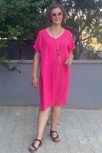 Mia Butik Large Size Fuchsia Casual Dress with Necklace Gift