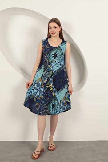 Lukas Viscose Fabric Ethnic Patterned Dress-Sax
