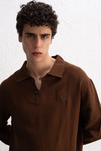 GIESTO Long Sleeve Brown Shirt with Buttons on the Collar