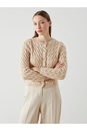 LC Waikiki Lcw Vision Beige Crew Neck Self Patterned Women's Knitwear Cardigan