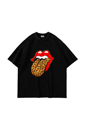 Sekizbiraltı Μαύρο υπερμεγέθη μπλουζάκι Rolling Stones με λεοπάρ σχέδιο