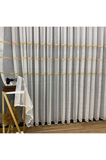 farbateks Milano Gold New Design - 2 Layer Pleated Tulle Curtain with Gold Interband