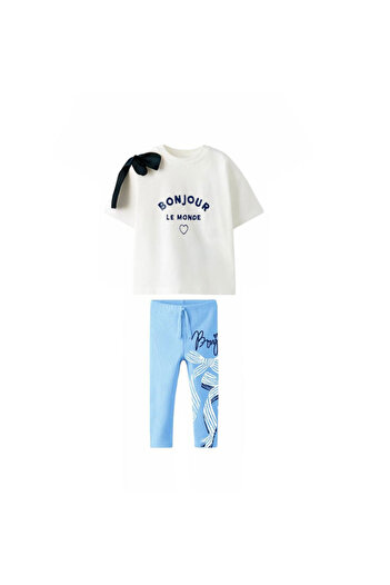 Lolliboomkids Girl's White-Navy Blue Ribbon Shoulder Detailed T-Shirt - Leggings Bottom Top Set
