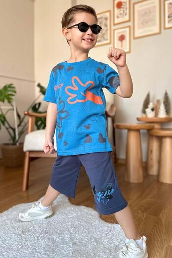 Riccotarz Boy's Finger and Teddy Bear Printed Navy Blue T-Shirt Shorts Suit