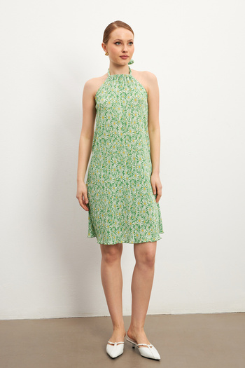 MODAGEN Women's Green Patterned Halter Short Dress