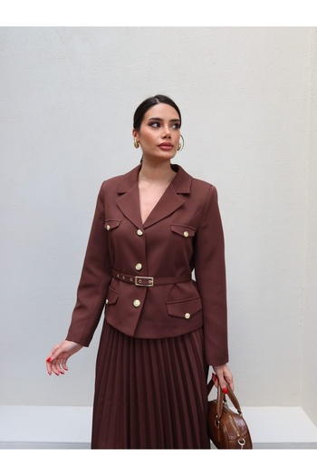 ESRAHELVACI Gold Buckle Belted Jacket Skirt Suit