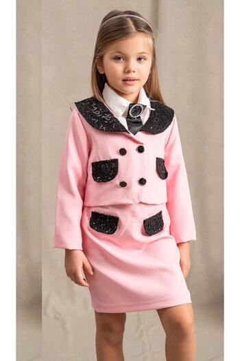 Riccotarz Girl's New Guipure Embroidered Pocket Detail and Brooch Pink Skirt Suit
