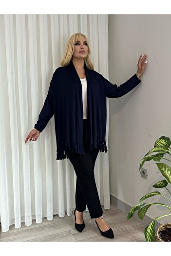 MODA Women's Plus Size Asymmetric Cut Tasseled Flexible Loose Cardigan