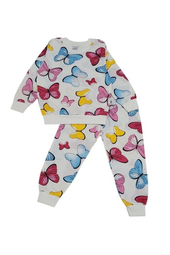 demir kids Girl's Butterfly Patterned Seasonal Cotton Ecru Pajama Set