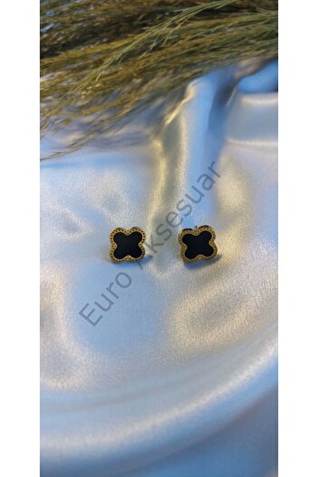 stainless steell Black Clover Detailed Steel Earrings