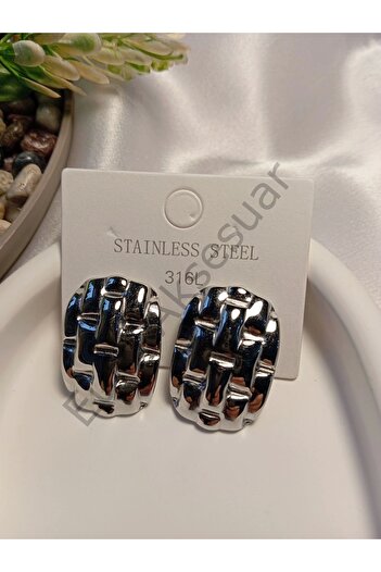 stainless steell Silver Large Size Wicker Detailed Steel Earrings