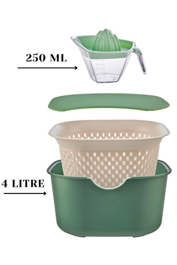 Espas Home 4 Piece Multipurpose Set - Mixing Bowl / Strainer / Cutting Board / Lemon Squeezer - Green