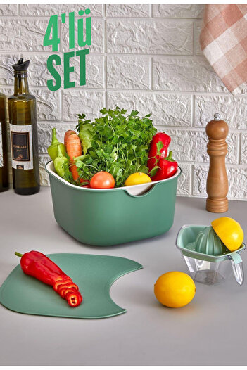 Espas Home 4 Piece Multipurpose Set - Mixing Bowl / Strainer / Cutting Board / Lemon Squeezer - Green
