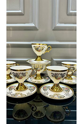 ACAR Porselen 6 Kişilik Ayaklı Gold Kahve Fincanı Takımı Rosanna