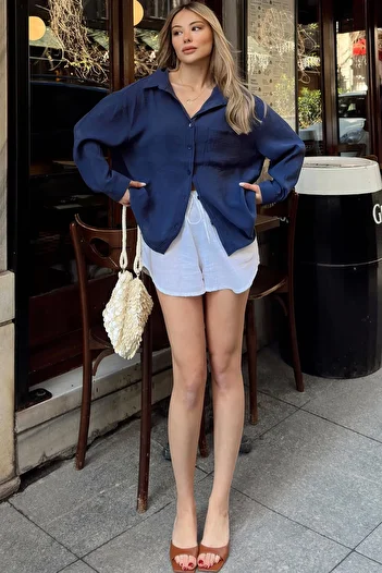 Swist Navy Blue Due Oversize Modal a Pile Single Pocket Women's Shirt