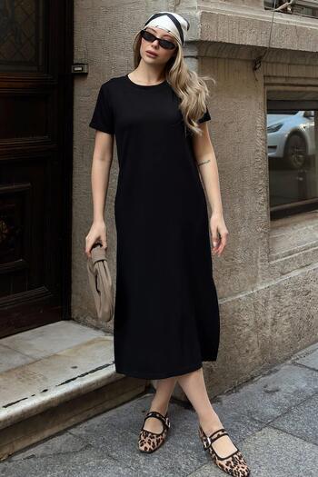 Swist Black Crew Neck Basic Double Slit Short Sleeve Women's Modal Dress
