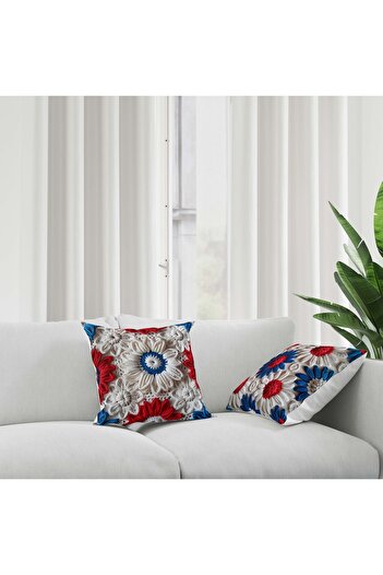 Şah Dekor Punch Embroidery Pattern Digital Printed 4-Pack Throw Pillow in Blue White Colors - Pillow Case Luxury Velvet