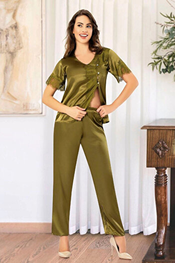 bacc Women's Khaki Green Satin Lace Detailed Pajama Set Bcan- 254110 Fa