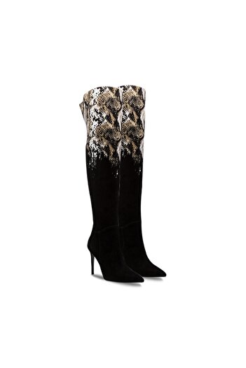 Vario Genuine Suede Snake Patterned Thin Heel Over-The-Knee Women's Boots Black Suede (Black Suede)