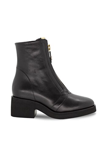 Vario Genuine Leather Front Zipper Women's Thick Heel Boots Black (Black)